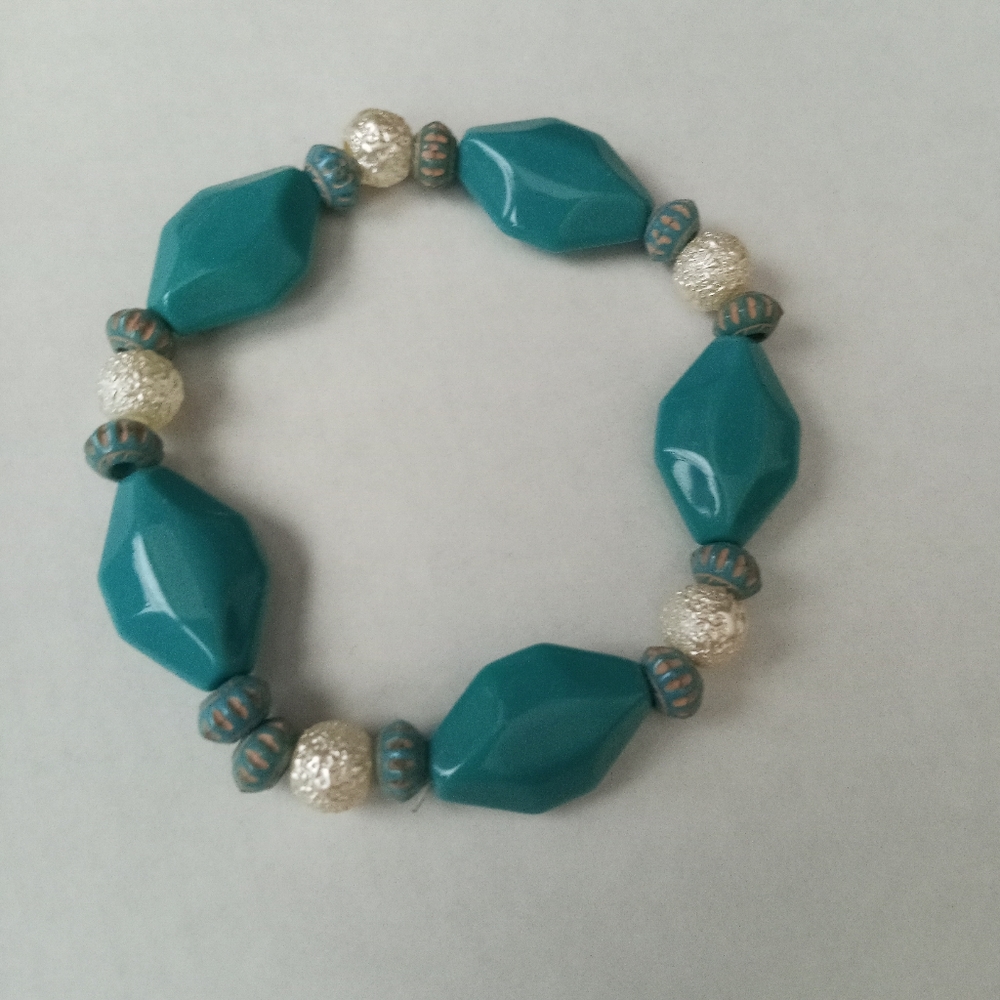 Cerulean blue and Silver pearl beaded summer statement Bracelet hand crafted